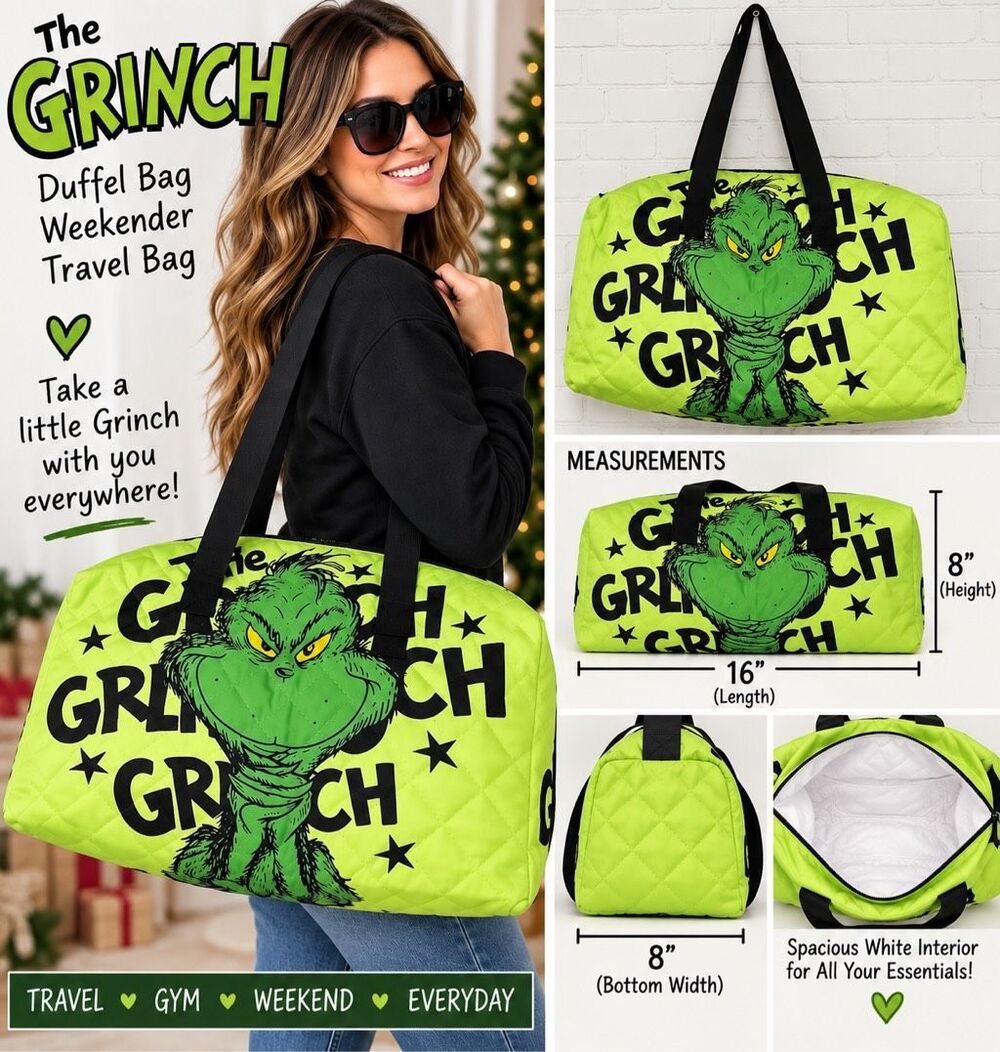 The Grinch Quilted Duffel Weekender Travel Bag Green Black